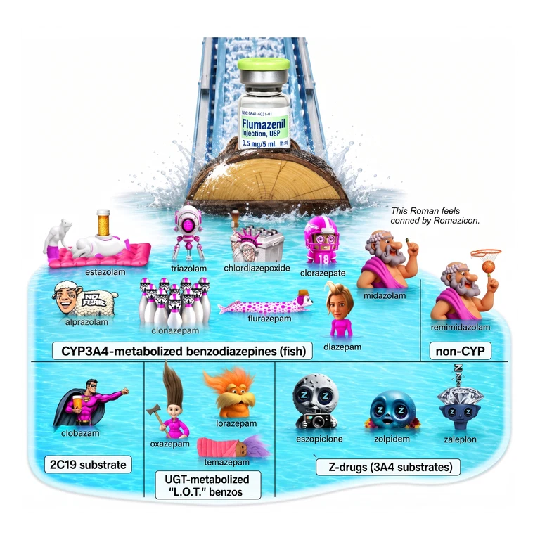 Flumazenil ROMAZICON mascot mnemonic cartoon