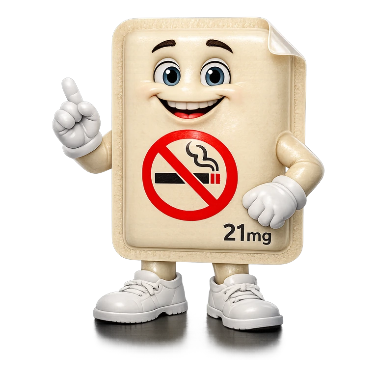 Nicotine patch NICODERM CQ mascot mnemonic cartoon