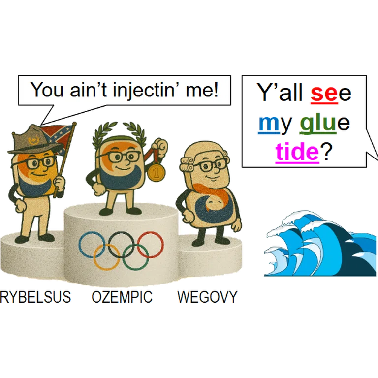 Semaglutide RYBELSUS / OZEMPIC / WEGOVY mascot mnemonic cartoon