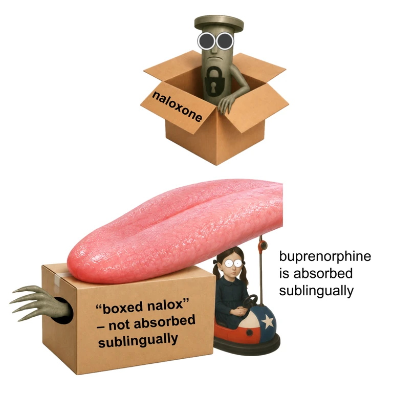 Sublingual naloxone in SUBOXONE mascot mnemonic cartoon