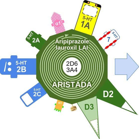 Aripiprazole lauroxil LAI ballicule — decagon mechanism diagram