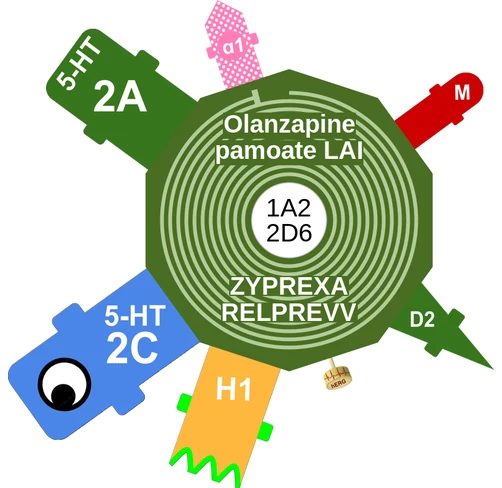 Olanzapine pamoate LAI ballicule — decagon mechanism diagram